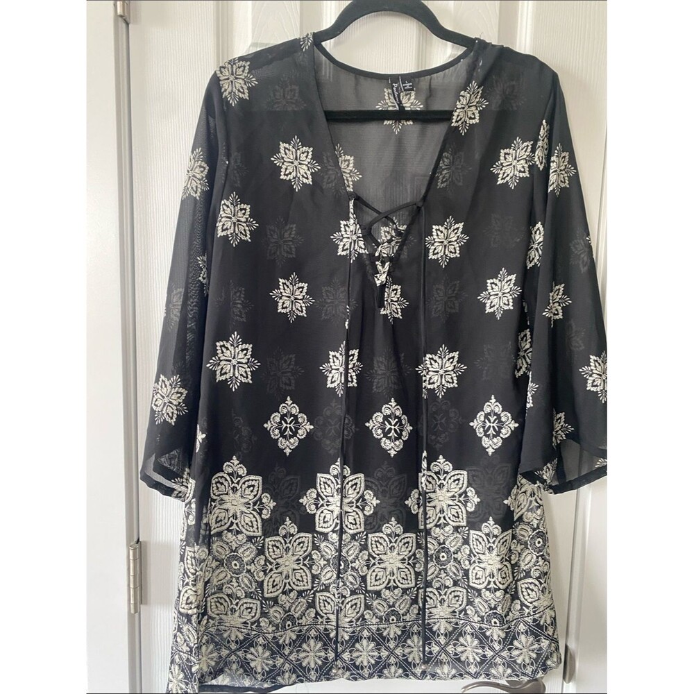 PontoCruz Black & White Lace-Up Boho Swimsuit Cover and Tunic Top Size L - Picture 8 of 11